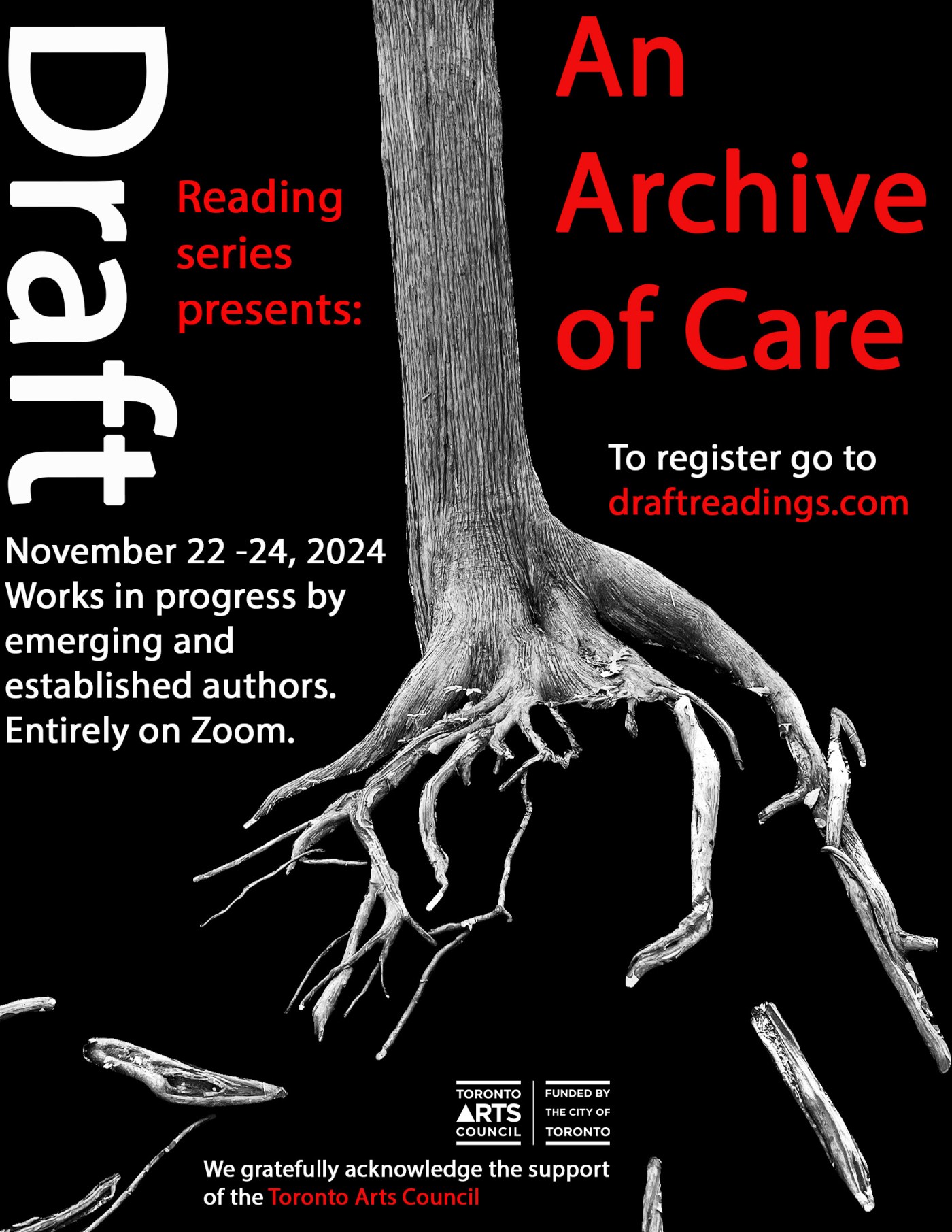 Text with Tre and Roots over a black background